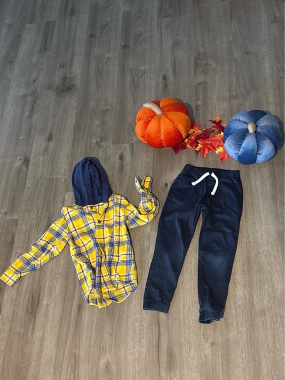 Carter's Yellow Plaid Hooded Shirt with Navy Jogger Pants